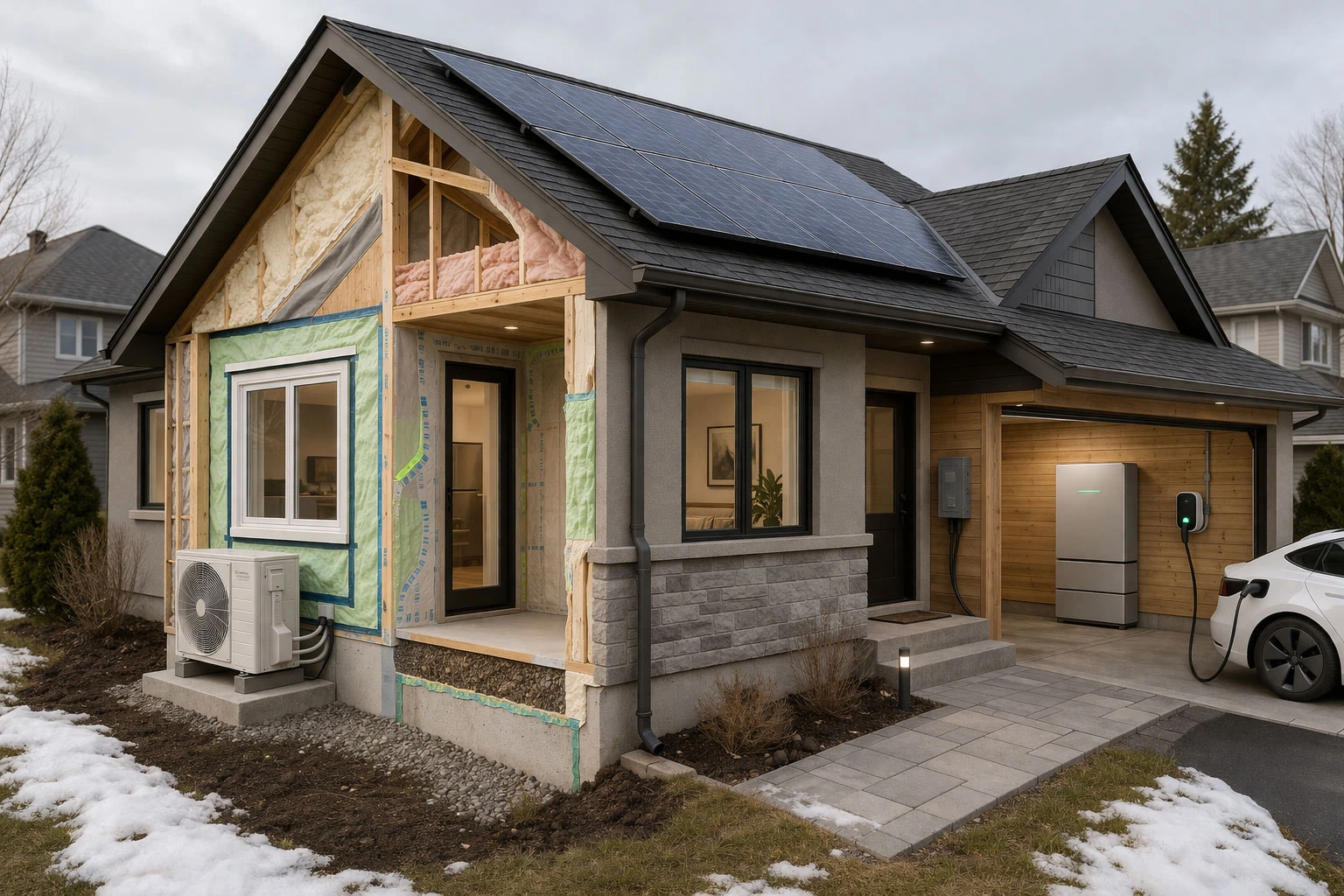 Home battery backup system installed in a Canadian house storing electricity for backup power and energy independence