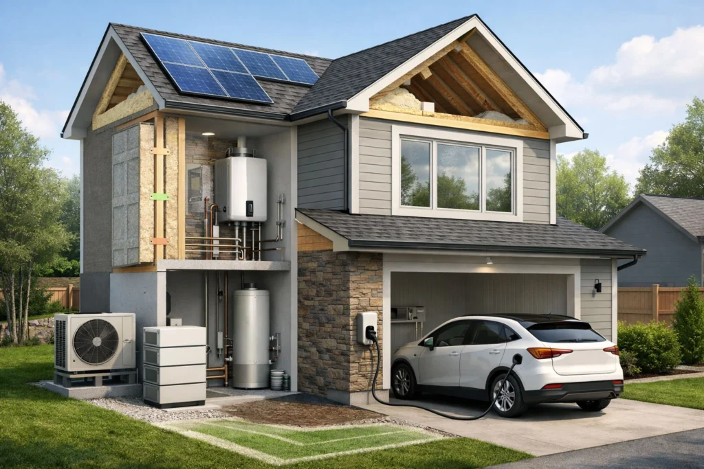 Tankless water heater installation in a Canadian home showing compact wall-mounted on-demand hot water system